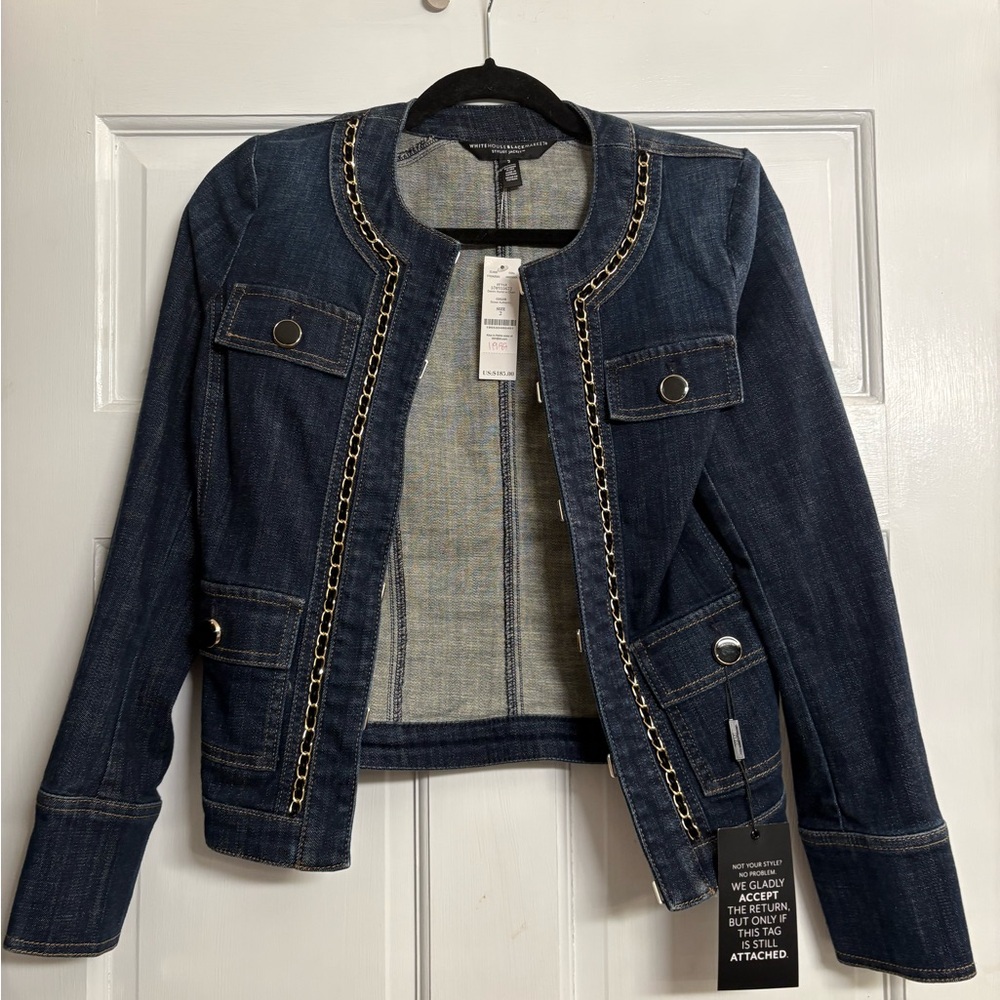 White House Black Market Women's Denim Jacket with Chain Detail & Black Trim‎ S